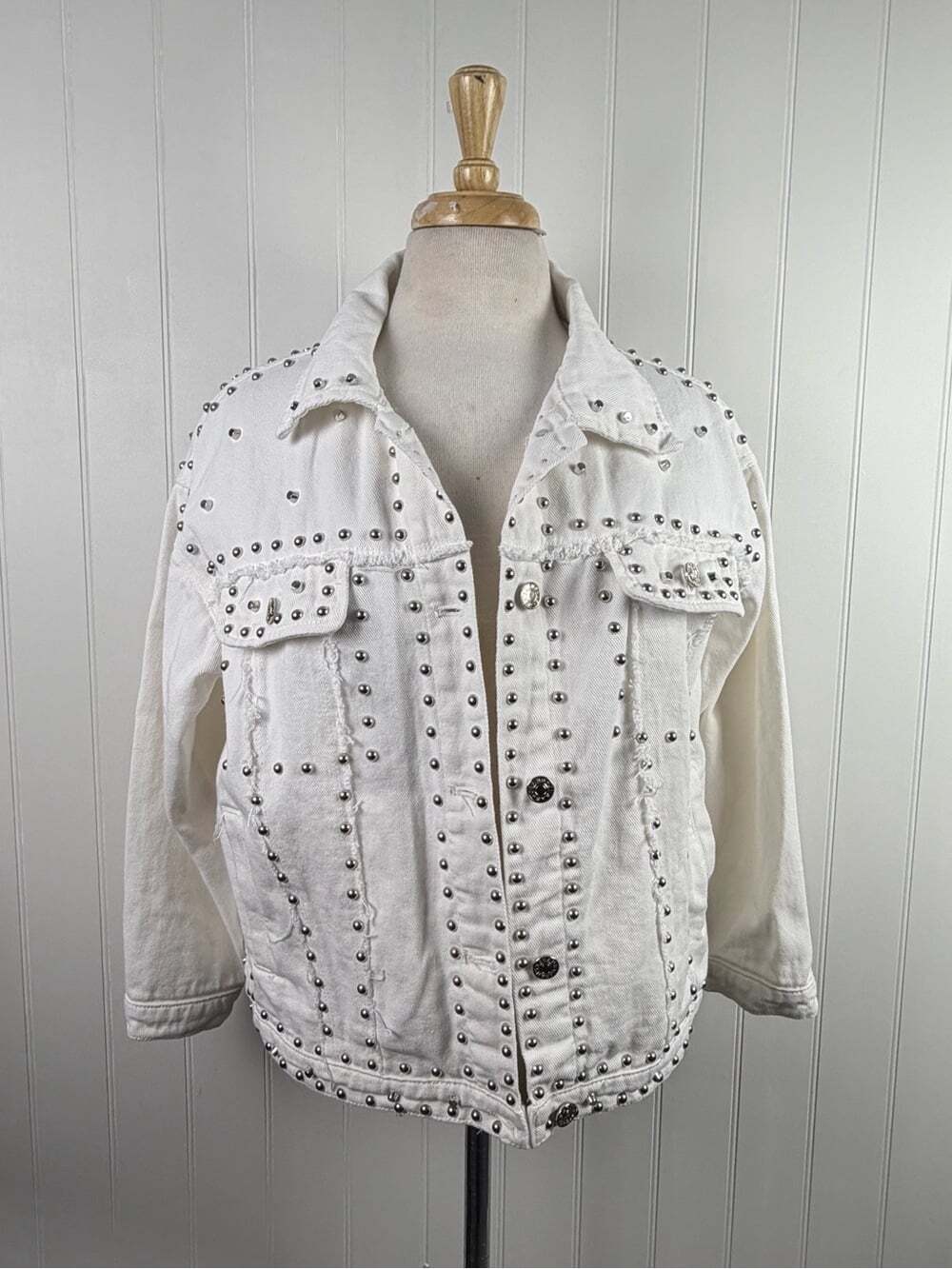 White Studded Denim Jacket | Western Glam Distressed Jacket | M/L - Picture 2 of 7